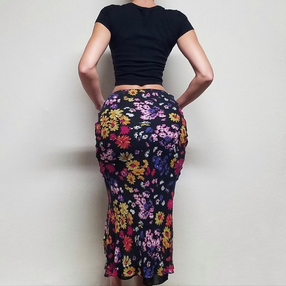90s-Y2K Vintage Retro Express Silk Chiffon Black Multi-color Floral Midi Skirt S - Picture 3 of 13